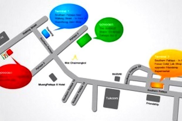 Map of landing places of minibus Pattaya-Bangkok