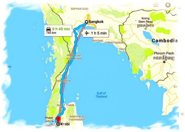 Distance from Bangkok to Krabi - it depends on the type of transport