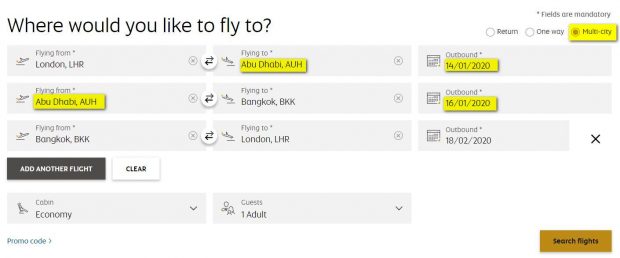 Multi-city booking with stopover - Etihad Airways website