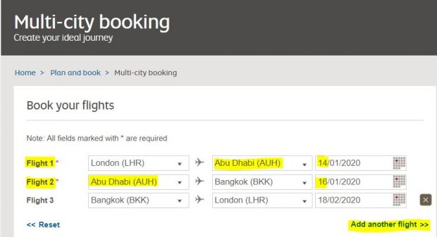 Multi-city booking with stopover - Etihad Airways website