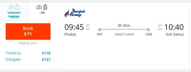 Best Price to flight from Phuket to Koh Phangan (Jetradar)