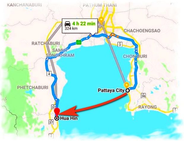 Pattaya - Hua Hin - distance and location on the map of Thailand