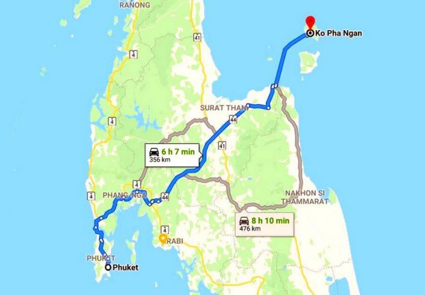 Way from Phuket to Koh Phangan on the map