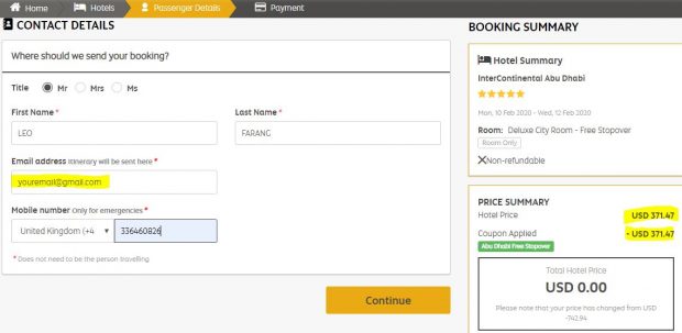 Booking a hotel in Abu Dhabi - filling in the contact details